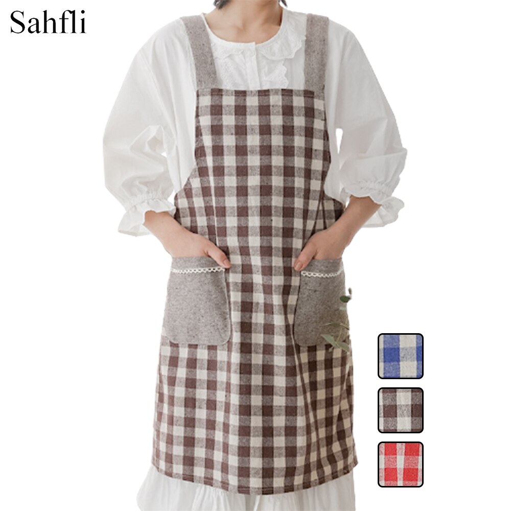 Japanse Stijl Katoen En Linnen Band Denim Rooster Geometrische Patroon Mouwloze Schort Volwassen Keuken Hand-Vegen Pocket Plaid