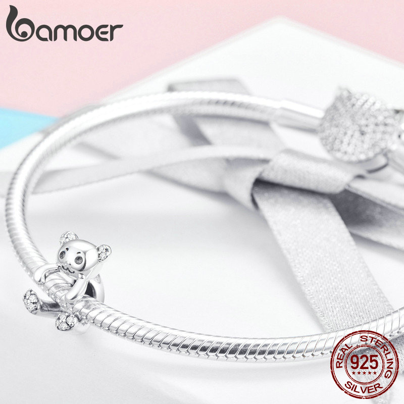 BAMOER Authentic 925 Sterling Silver Little Bear Pendant Clear CZ Animal Charms Fit Charm Bracelets Necklace DIY Jewelry SCC984