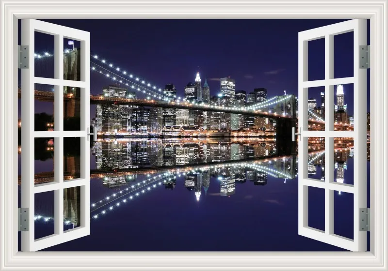 3D Window View wall Sticker York Brooklyn Removable Night Wall Art Wallpaper Kitchen Room decor aesthetic poster prints: 28x40inch 70x100cm / W0152