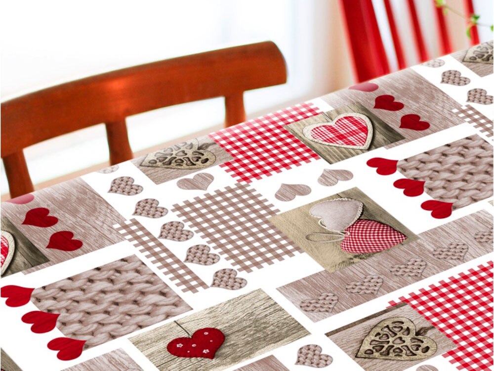 Mantel de Hule Elna Rojo con motivos de corazones. Colores rojo y marrón. Mantel para mesas de cocina, comedor, salón, jardín.