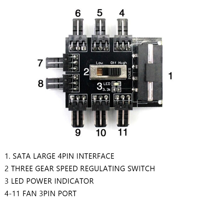 Concentrador de ventilador de refrigeración de 1 a 8 vías, controlador de velocidad de ventilador, regulador de velocidad de ventilador, PC, ordenador, IDE Molex, 3 pines, 12V, 2 uds.