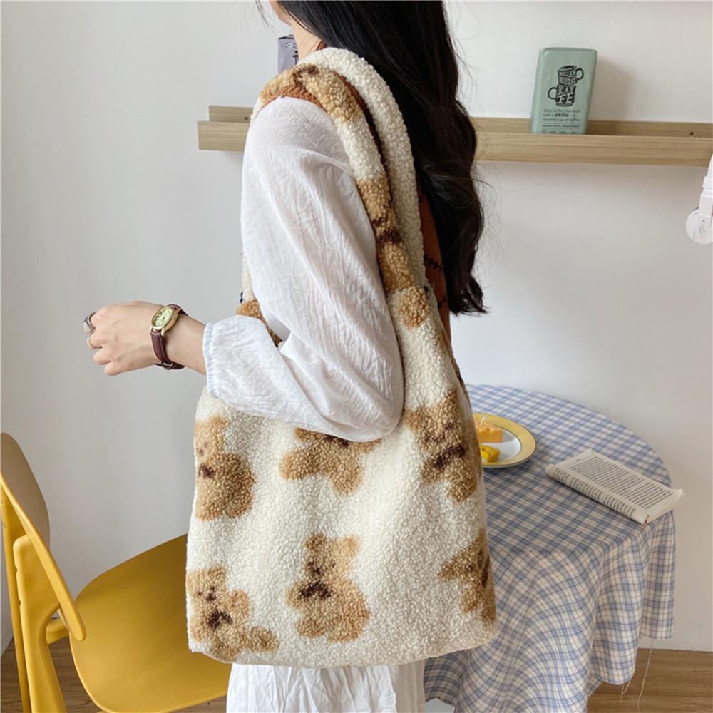 Frauen Lamm Wie Stoff Schulter Tasche Leinwand Flauschigen ist hingefallen Bär Handtaschen Große Kapazität Weichen Einkaufs Taschen Mädchen Nette Schule tasche: Beige