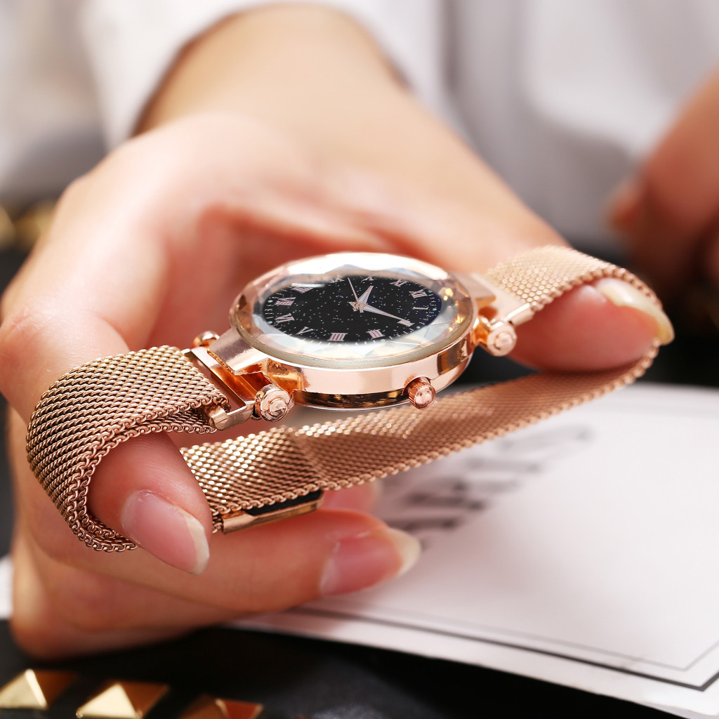Vrouwen Horloge Luxe Starry Dial Crystal Rvs Mesh Magnetische Riem Dames Quartz Horloge Vrouwen Lichtgevende Handen Horloges