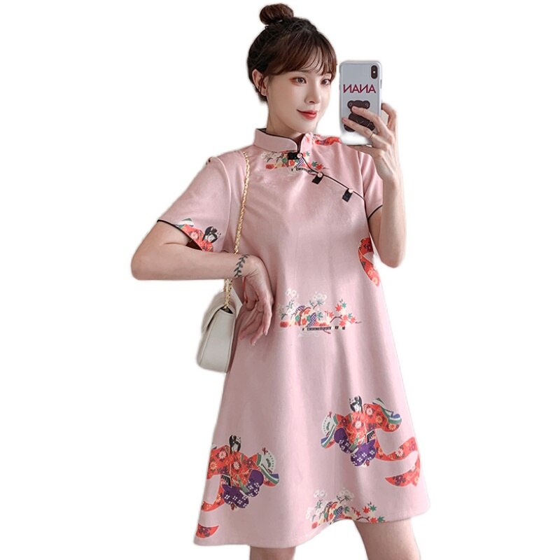 Plus Size M-4XL Peking Opera Print Pink Modern Cheongsam Dress for Women Short Sleeve Qipao Traditional Chinese Clothes