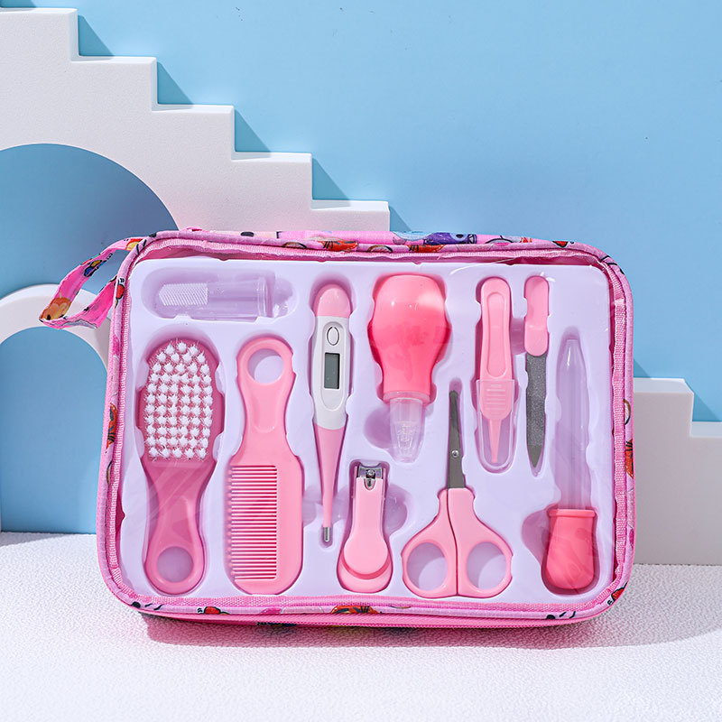 Multifunction Newborn Baby Kid Healthcare Kit Nail Hair Thermometer Grooming Brush Portable Hygiene Set Baby Newborn Essentials: 10PC SET-Pink