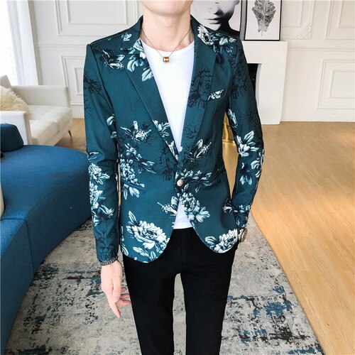 Spring Mens Slim Fit Suit Blazer Flower Print Simple Temperament British Style Social Business Casual Suit Jacket: green / Asia XXL 67 to 72kg