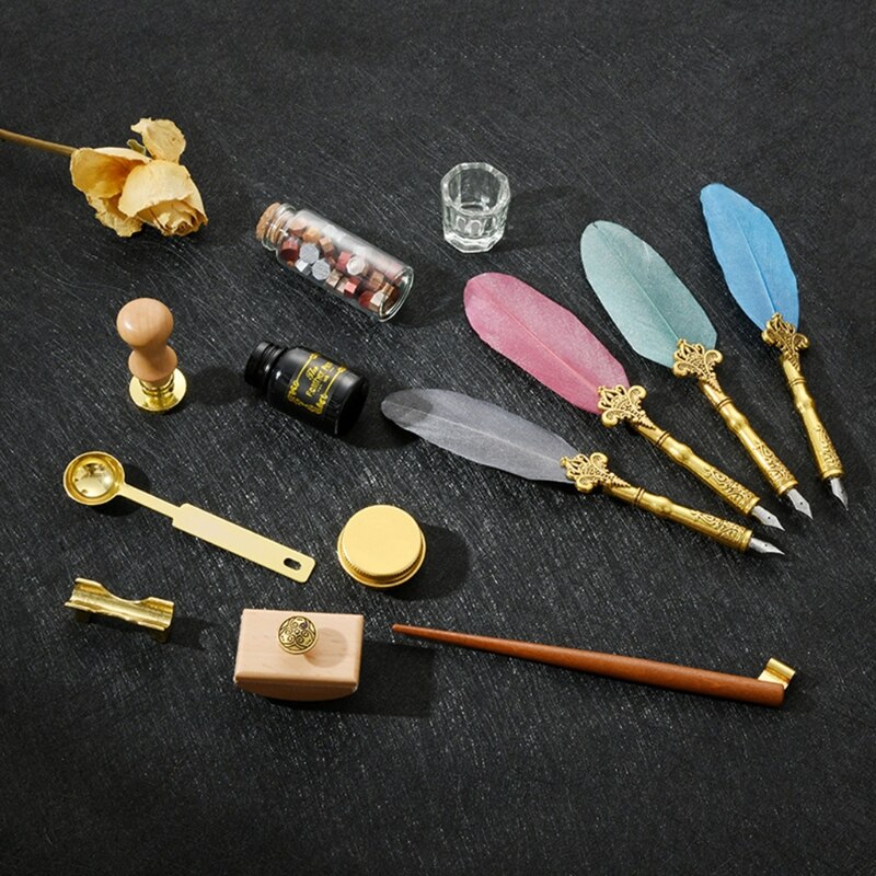 Retro Kalligrafie Quill Veer Dip Pen Met Penpunten Lakzegel Stempel Houder Geschenkdoos 103E