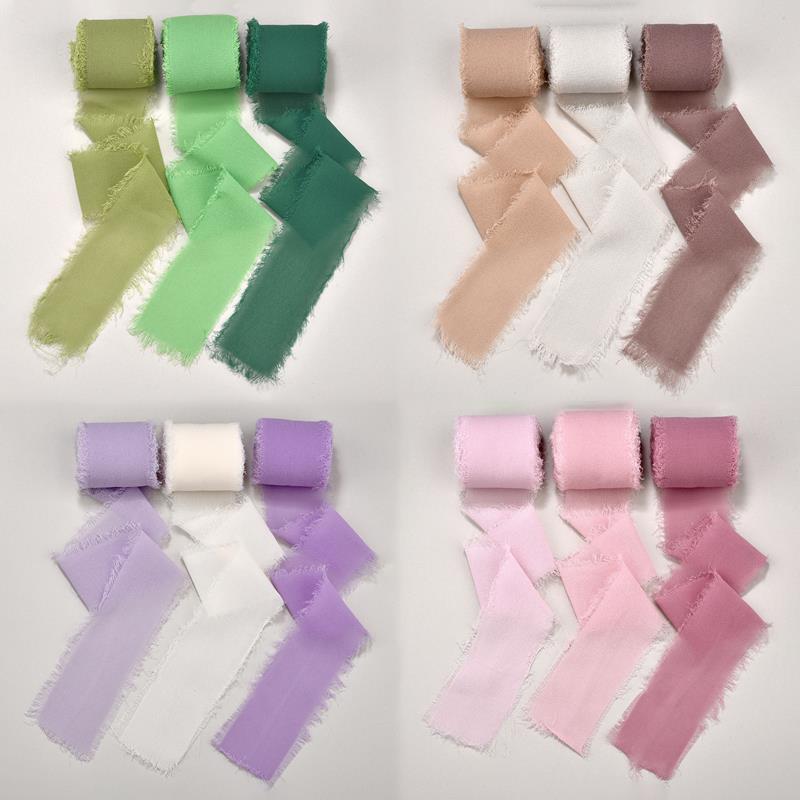 3 rollos de cinta de seda deshilachada de 5 yardas, conjunto de gasa arrugada con bordes, ramo de flores rasgado hecho a mano para de boda, decoraciones para embalaje de