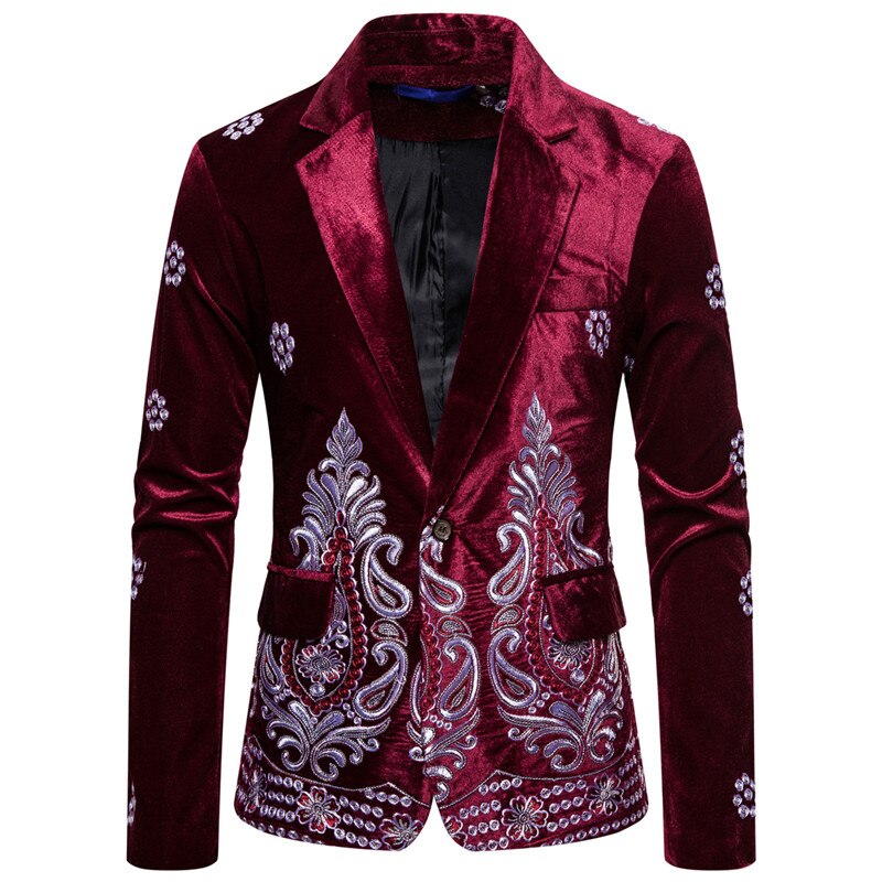 Herrbroderi sammet kavaj kavaj kavaj slim fit lyxrockar ytterkläder företag 3 färger: Vinröd / Xl