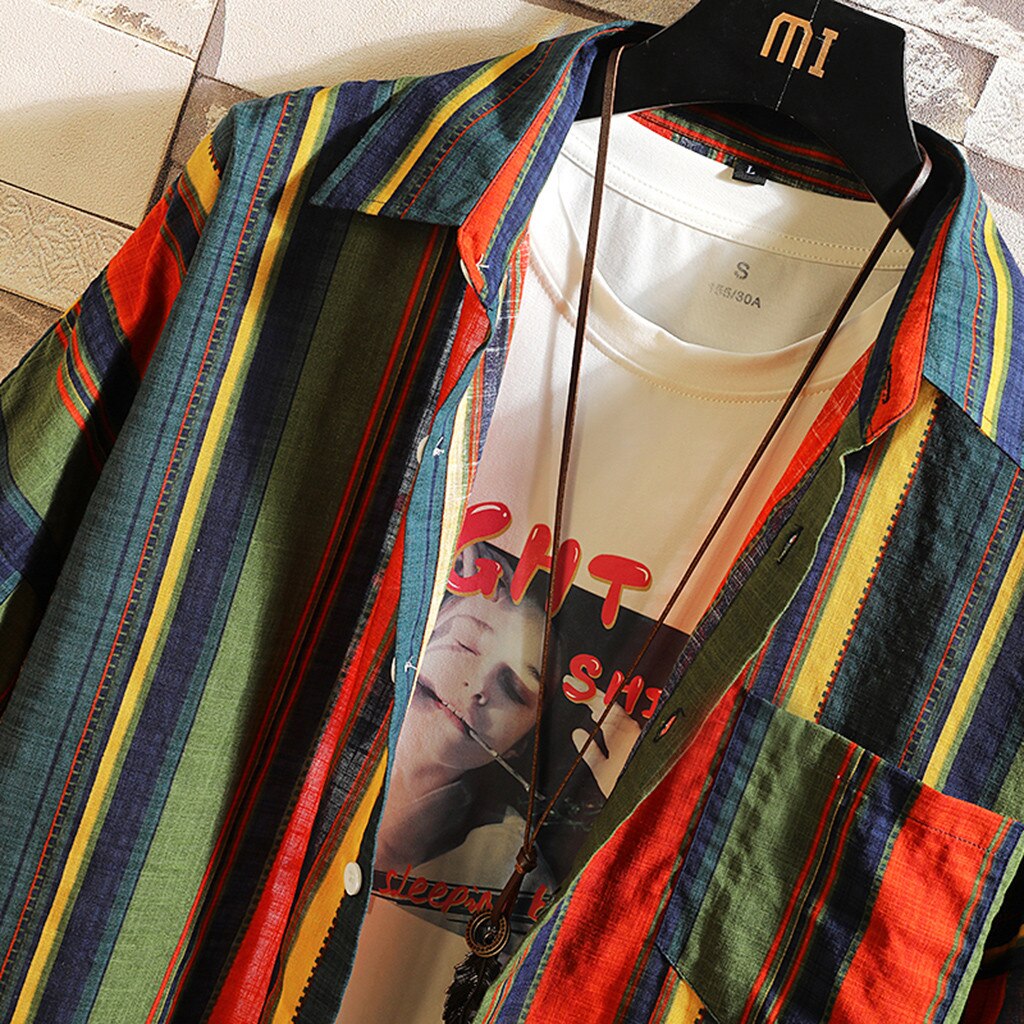 Blouse shirt heren zomer regenboog kleur zak korte mouw retro casual shirt off white harajuku top heren joggingkleding 6.19