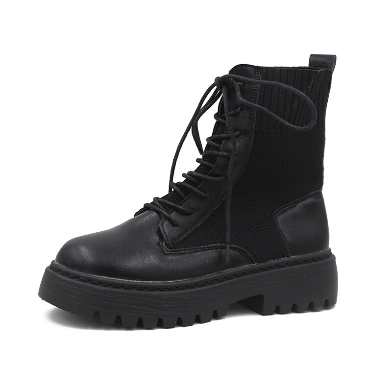Bottes Martin en tricot pour femmes, bottines courtes à semelle épaisse, style britannique, nouvelle , automne: Black / 5