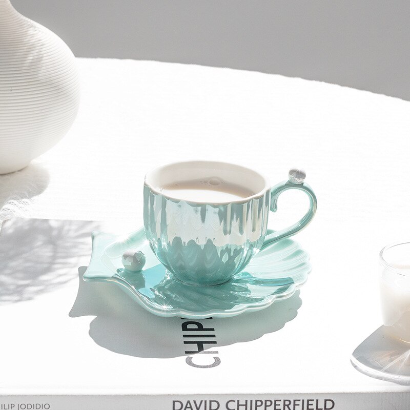 Taza y platillo de perlas de concha hermosa para café, té, vajilla de cerámica para cocina y oficina, elegantes de café de cumpleaños y boda, 240ml: 240ml2