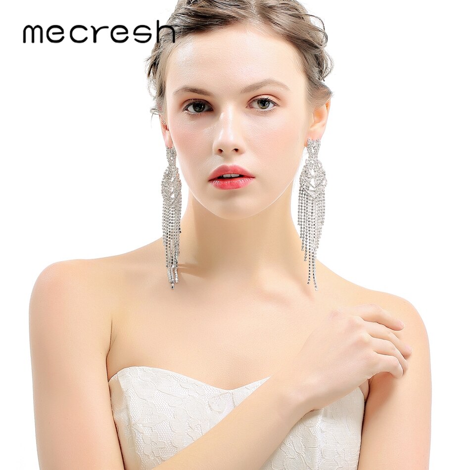 Mecresh Statement Color Rhinestone Super Long Tassel Earrings Bracelet Set Bridal Wedding Jewelry Set for Women EH1000+SL