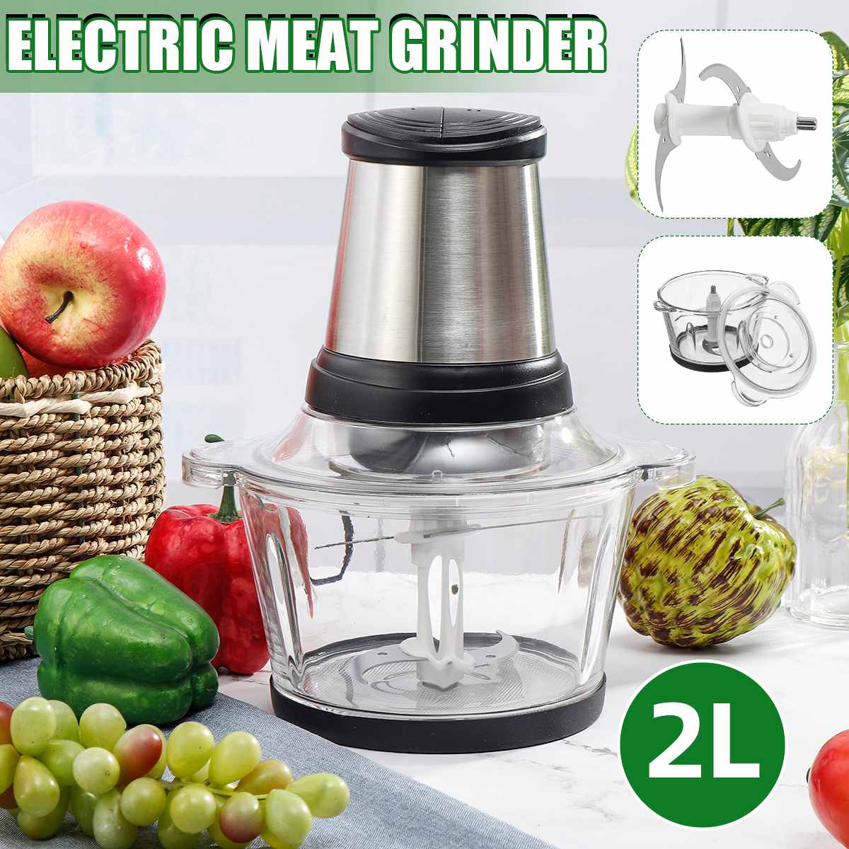 2 Speeds 800W Stainless steel 2L Capacity Electric Chopper Meat Grinder Mincer Food Processor Food Chopper Blender Slicer