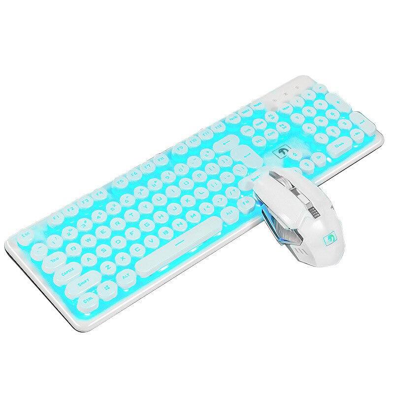 Teclado inalámbrico de 2,4G para videojuegos, periférico con sensación mecánica, retroiluminado RGB, ratón inalámbrico de 2400dpi, Pc, Gamer, teclado Punk: White (blue LED)