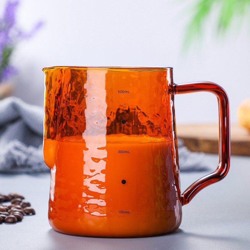 Colorful Milk Pitcher Frothering Cup V-shaped Mouth Pull Flower Cup Milk Jug Durable Glass Coffee Milk Frother Cup Coffeeware: Amber