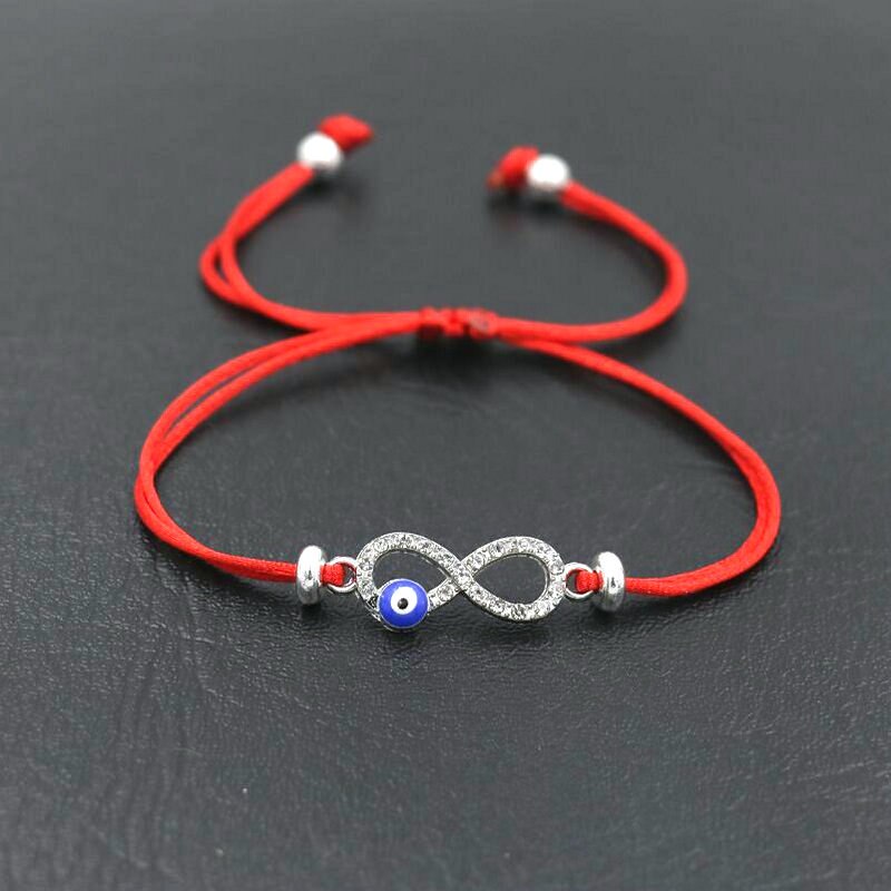 Pulsera con abalorios de circonia cúbica Infinity 8 para hombre y niña, cuerda de hilo de cuerda roja, pulseras para parejas, para niños y mujeres: 8 red silver