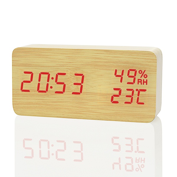 FiBiSonic Modern Simple LED Alarm Clock Temperature Humidity Show Clock Desktop Electronic Sound Control Digital Clocks Table De: bamboo red