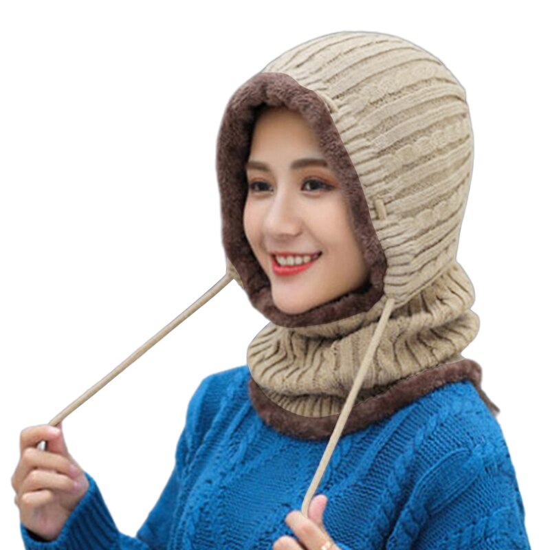 Pasamontañas de punto con Cable para mujer, gorro térmico forrado de felpa, a prueba de viento, con cordón, cubierta completa, capucha, bufanda, Invierno: C