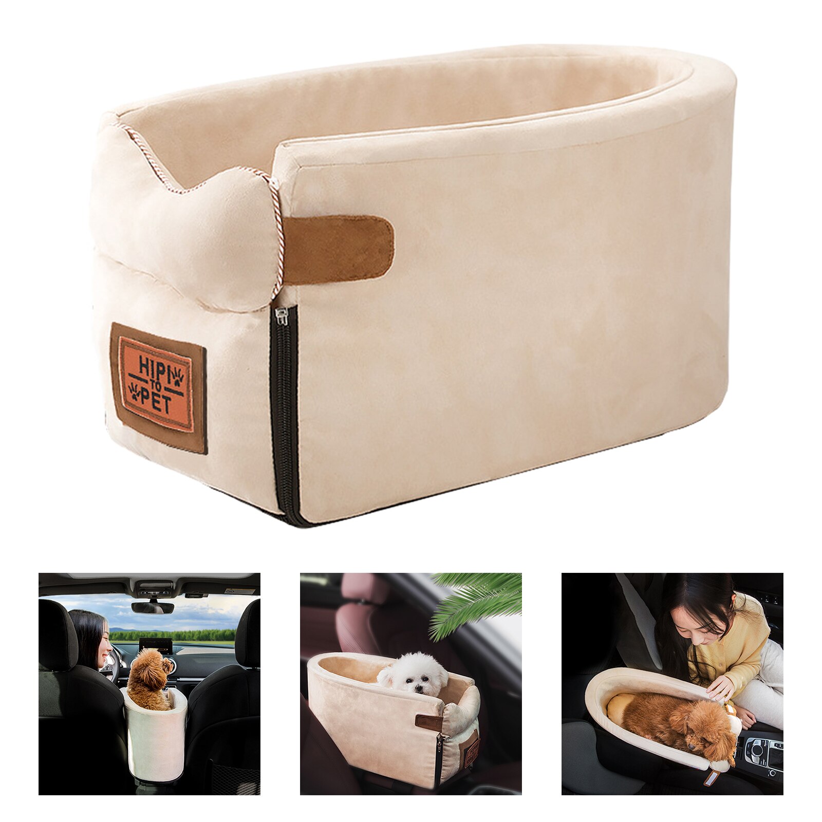 Kæledyr bil selestol på auto armlæn små/mellemstore hunde katte rejsebærer bære bur hvalp hund autostol kurv: Oval beige