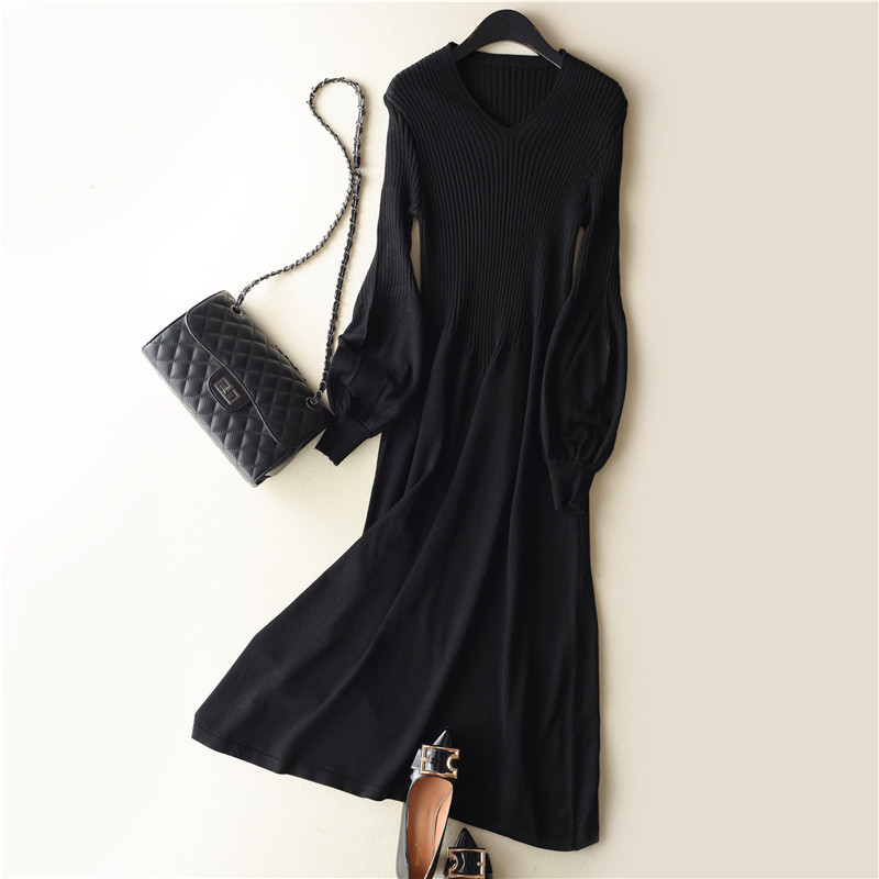 spring Latest style Women's Knitted Cashmere Wool Dress Long style Solid color V-collar Lantern sleeve: Black