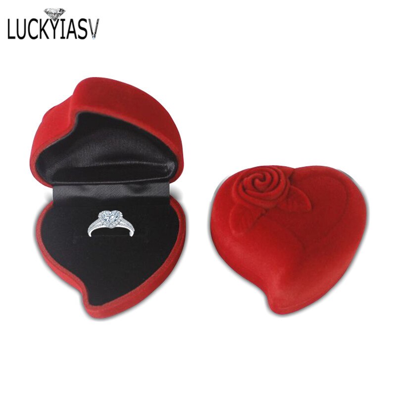 8 Kleur Hartvorm Fluwelen Ring Box Engagement Bruiloft Sieraden Dozen Rose Bloem Houder Voor Lover: Red and black