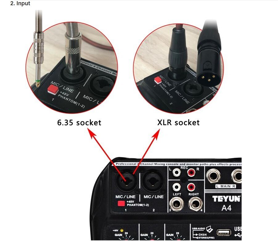 A4 Sound Mixing Console Bluetooth Record 48V Phantom Power Monitor AUX Paths Plus Effects 4 Channels Audio Mixer with USB