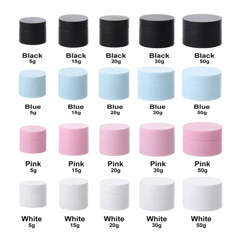 5 stuks lege , 10g/15g/20g/30g/50g navulbare plastic potjes voor op reis, crèmepotjes, doosjes, draagbare cosmetische flesjes met smalle taille.