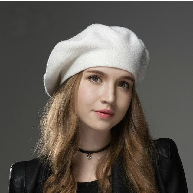 Boinas para mujer de YLWHJJ, boinas de punto de lana de colores sólidos a la con diamantes de imitación, gorro estilo boina de artista francés para mujer: White