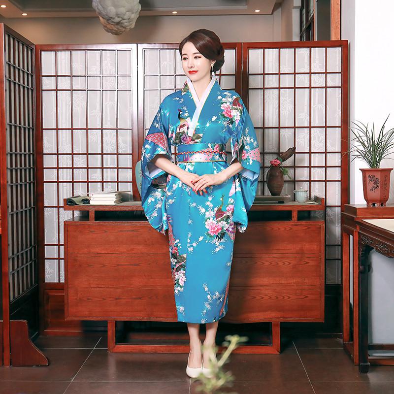 Onesize kvinnlig japansk kimono morgonrock klänning v-ringad satin kvällsfest balklänning vintage cosplay kostym helärmad klänning: Sjöblått 2