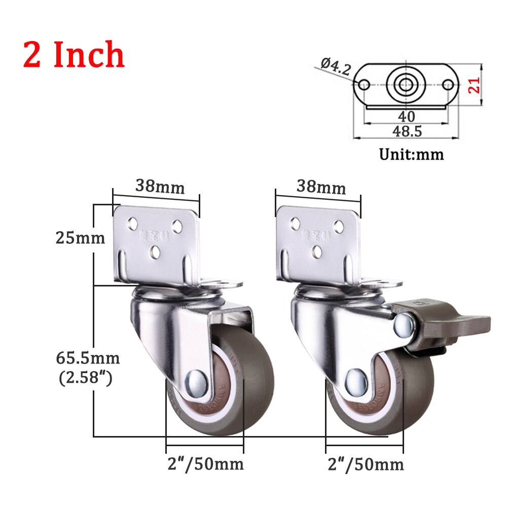 1/4PCS Furniture Swivel Casters Wheels Crib Rubber Rollers Wheel L-Bracket Caster With Brake No Noise For Crib Bookcase Cabinet