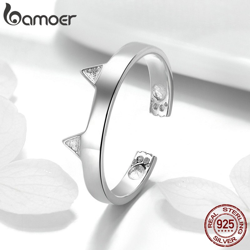 BAMOER 925 Sterling Silber Nette Katze Pfote Ohren Ebene bilden Einstellbare Finger Ringe Party Hochzeit Schmuck, Der SCR387