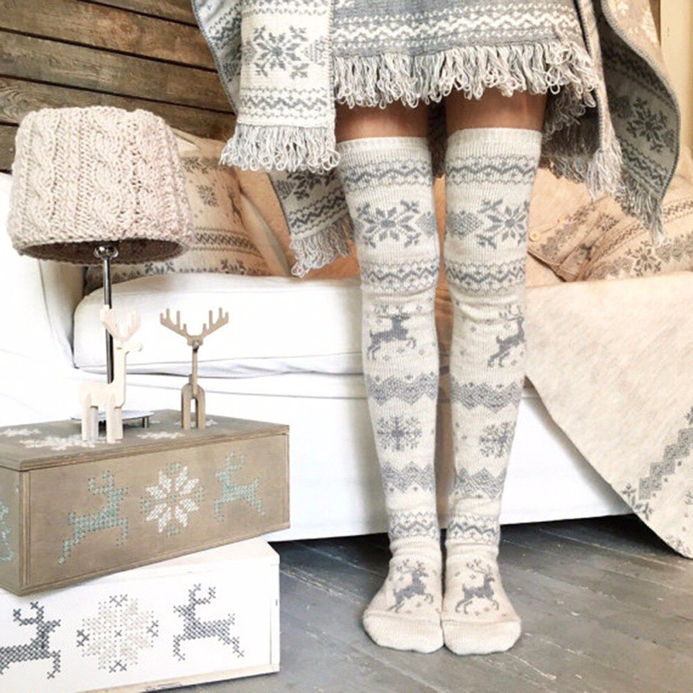 Winter Warm 1 Pair Women Girls Christmas Print Long Stockings Thicken Thigh High Over Knee Socks Sport Socks S10 SE7