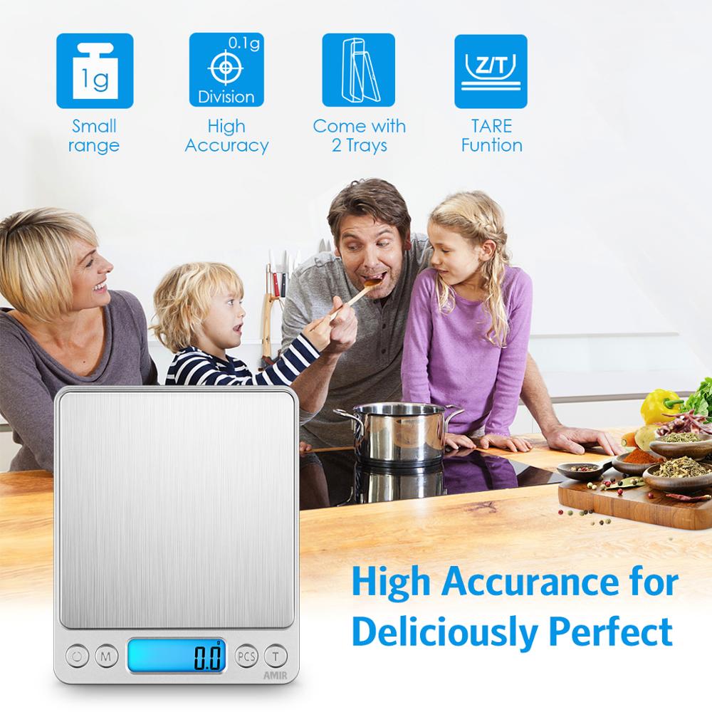 AMIR-báscula Digital de 3kg/0,1g para cocina, minibáscula de bolsillo para comida, joyería de acero inoxidable con pantalla LCD retroiluminada