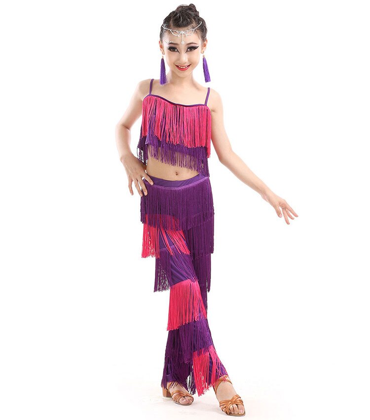 Children Bachata Latin Dance Costumes Girls Ballroom Tango Salsa Latin Dance Competition Costume Fringe Pants Tops