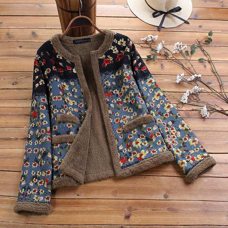 Vintage Open Voorzijde Pluche Pluizige Jassen ZANZEA Winter Bloemen Gedrukt Jassen Vrouwen Lange Mouw Uitloper Vrouwelijke Jas Chaqueta: Blauw / M