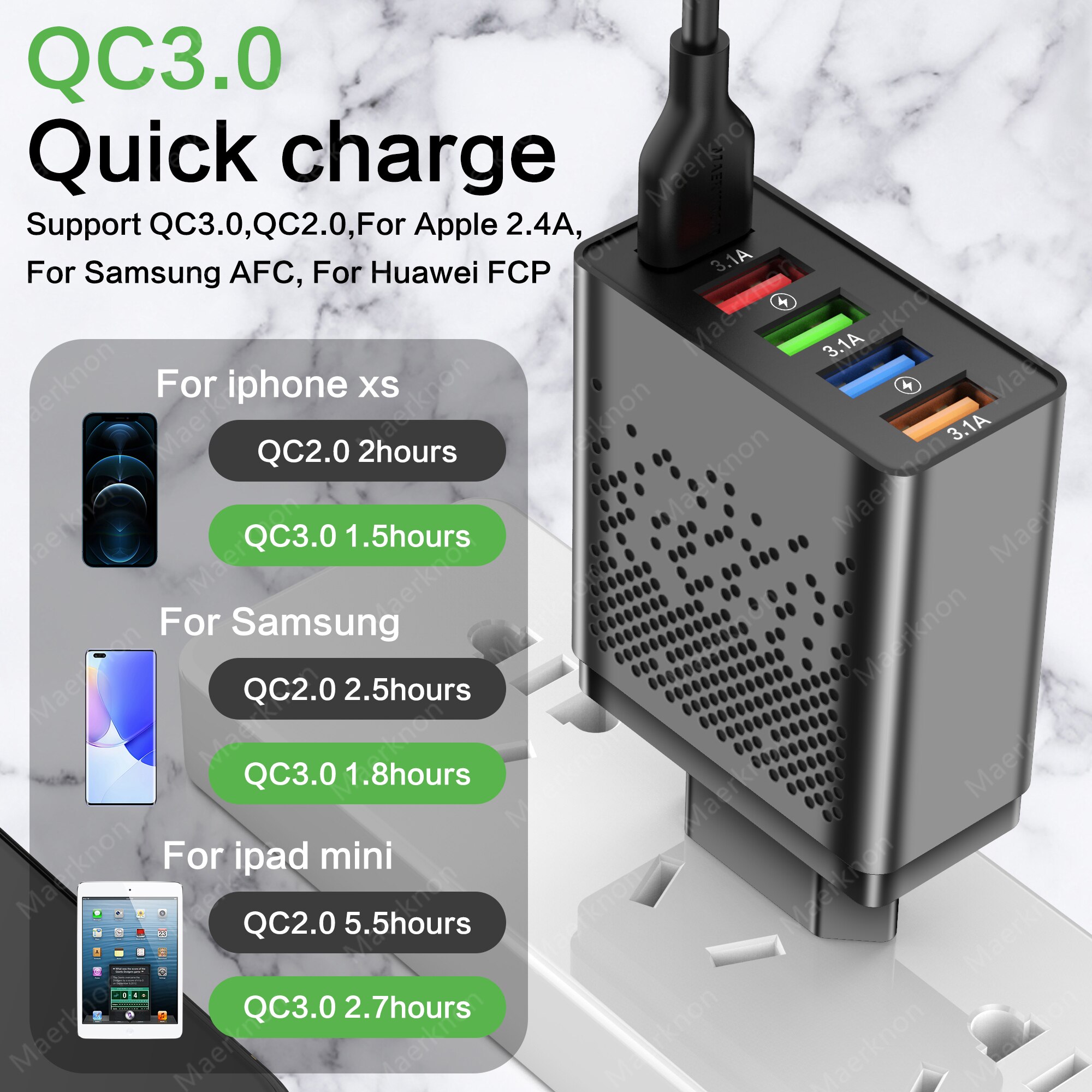 Chargeur USB 48W 5 Ports Charge rapide 3.0 4.0 Adaptateur de prise EU / US pour iPhone Xiaomi Android Chargeur mural Charge rapide Chargeur de téléphone