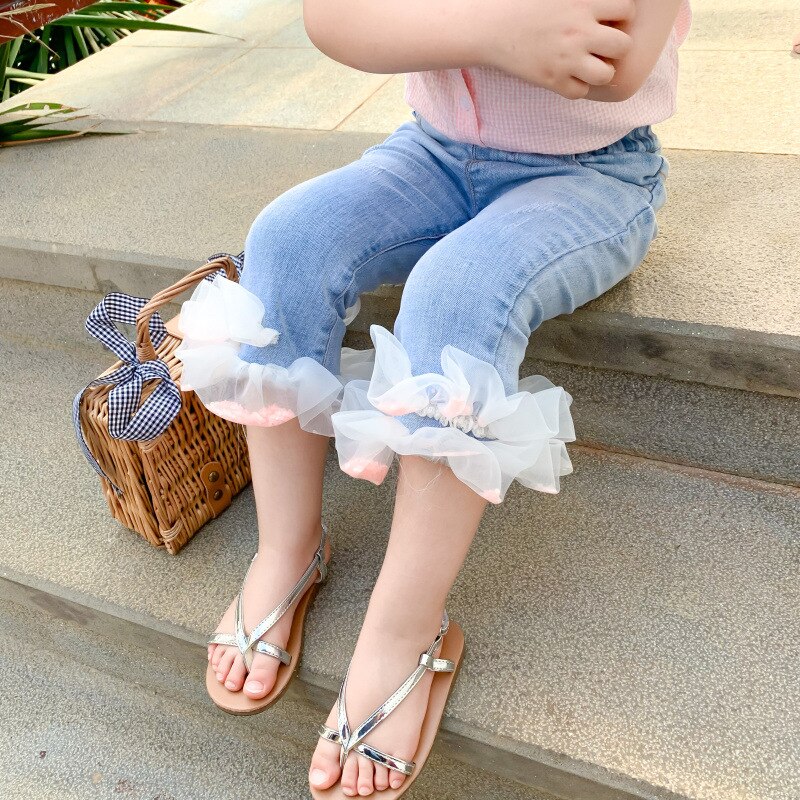 Flickor sommar jeansbyxor barn jeans barn byxor för småbarn bebis tjej prinsessa mesh jeans torusers kläder 1-5 år
