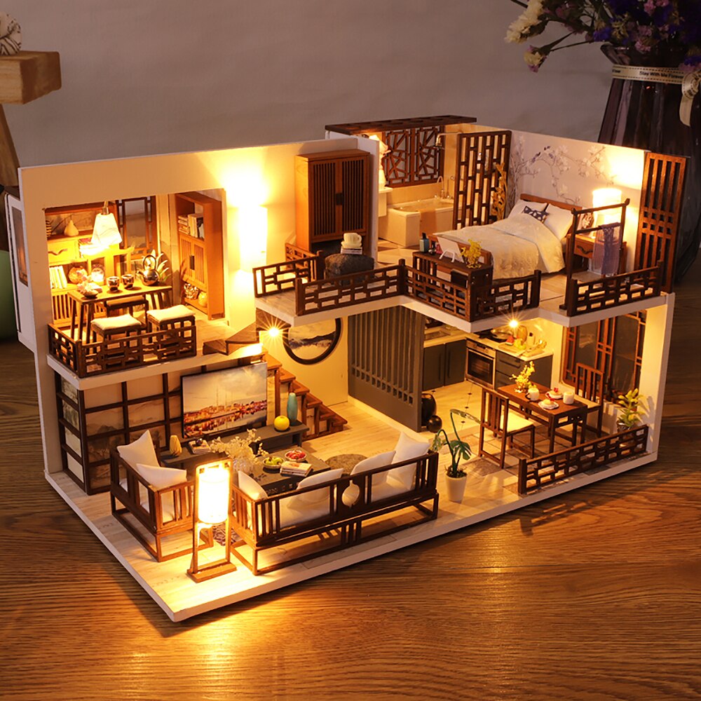 Cutebee DIY domek dla lalek zestaw chiński styl drewniany dom miniaturowe mebelki do domku dla lalek z zabawki z lampkami LED dla dzieci prezent na boże narodzenie