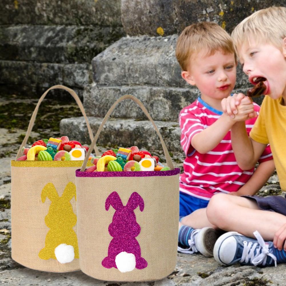 Easter Bunny Basket Canvas Cotton Egg Candy Storage Basket With Fluffy Tail For Easter