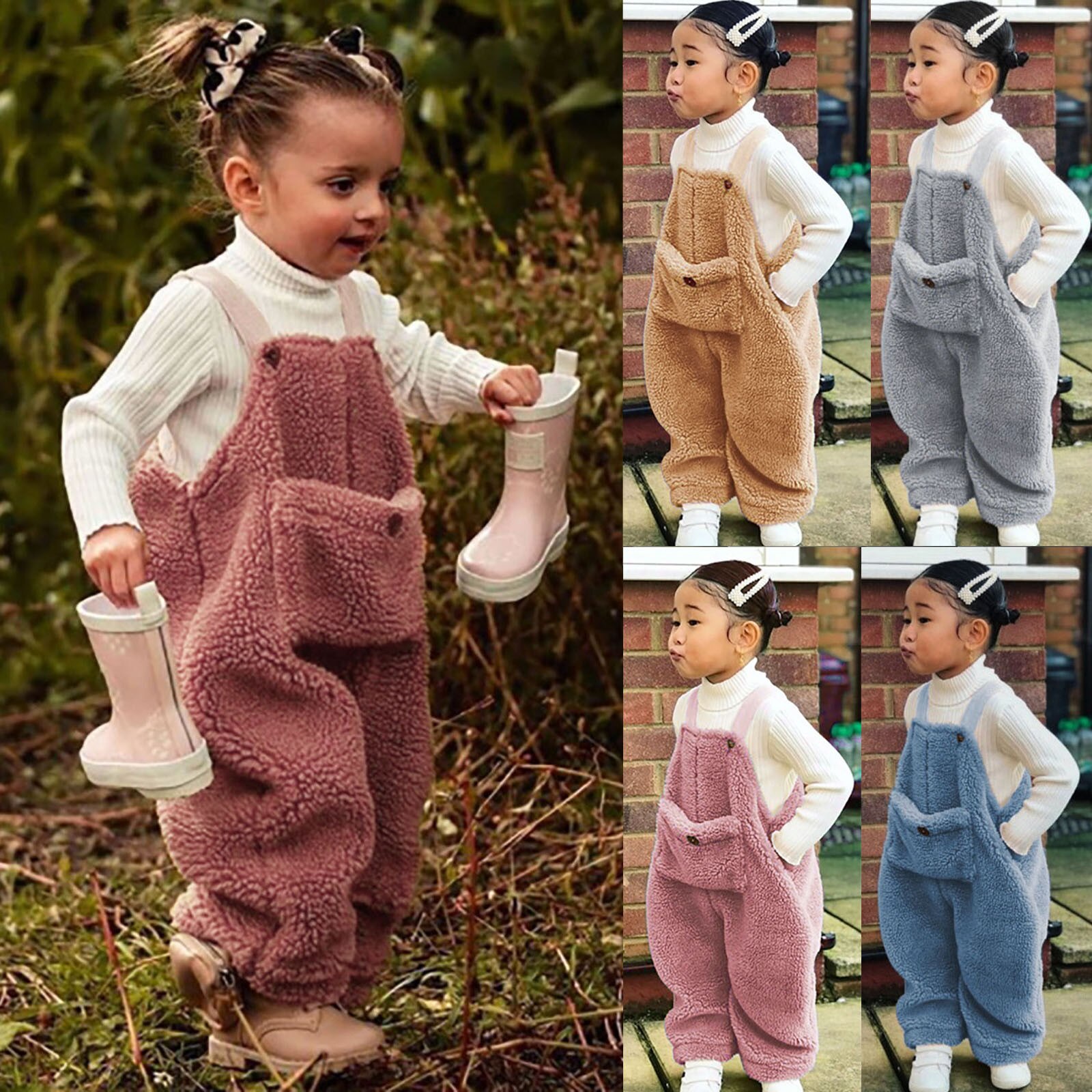 Toddler Infant Kids Baby Girl Boys Solid Colors Plush Flannel Suspender Pants Overalls Warm Winter Loose Bodysuit#p4