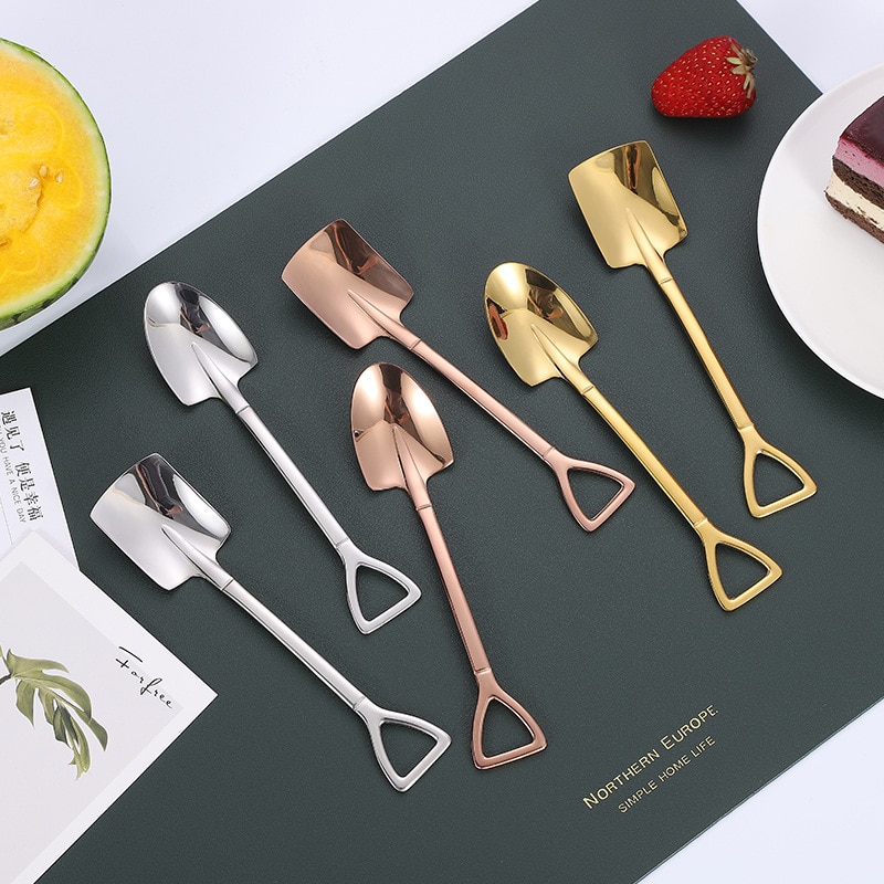 1pc metal is kaffe ske ske rustfrit stål skovl form shell te guld skeer eftermiddagste dessertsked