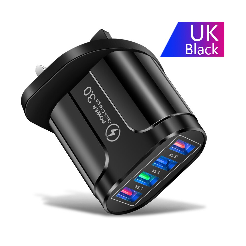 Uthai HC-385 3A 4-Port Mobiele Telefoon Oplader Led Licht 4 Usb Lader Opladen Hoofd Mobiele Telefoon Reislader: UK-Black
