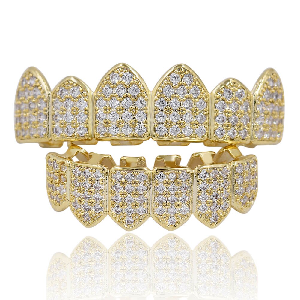 GUCY Gold Color Plated Hip Hop Teeth Grill Caps Micro Pave CZ Top & Bottom GRILLZ Mouth Tooth Grills Set: Gold / Set