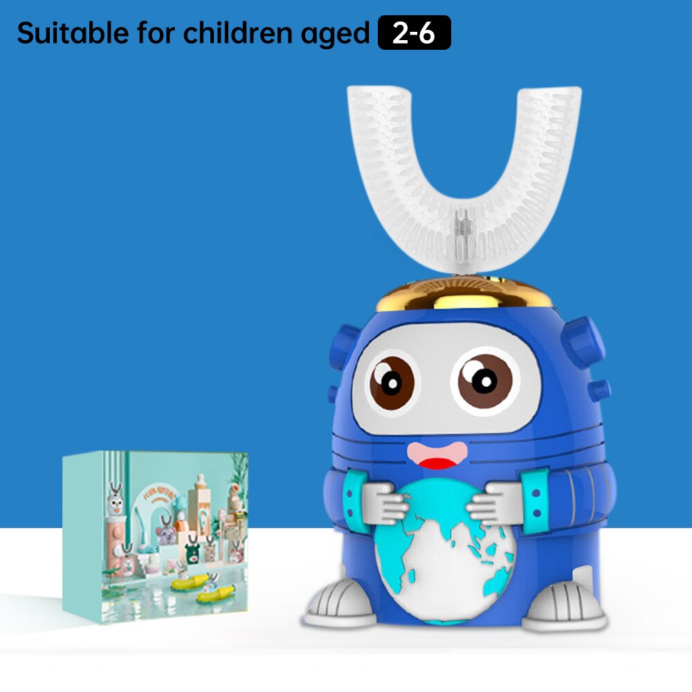 Smart 360 Degress U Sonic Electric Toothbrush Kids Silicone Automatic Ultrasonic Tooth Brush Children Blue Light Teeth Brush: Astronaut Blue 2-6
