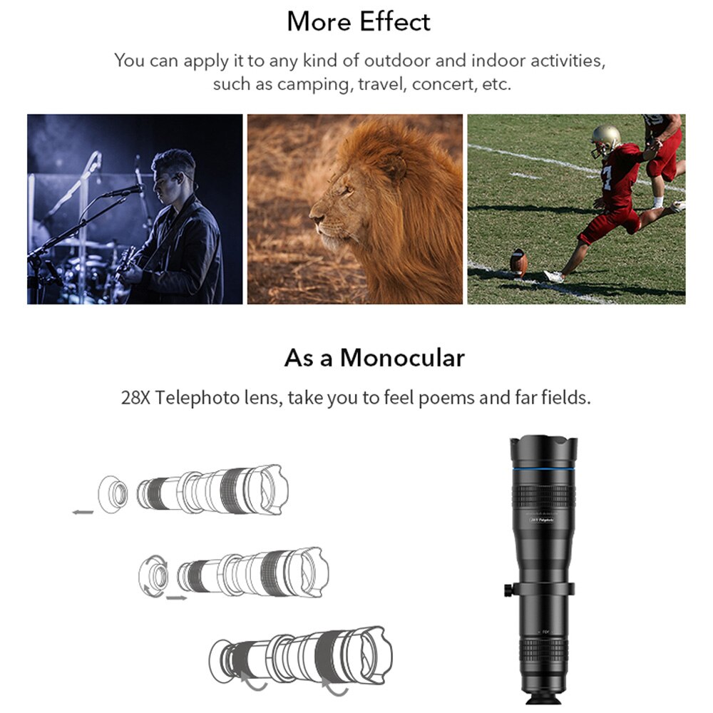 Apexel Hd 28X Metalen Single-Buis Telescoop Telefoon Telelens Mf Voor Meest Smartphones Voor Reizen Sport Evenementen Fotografie