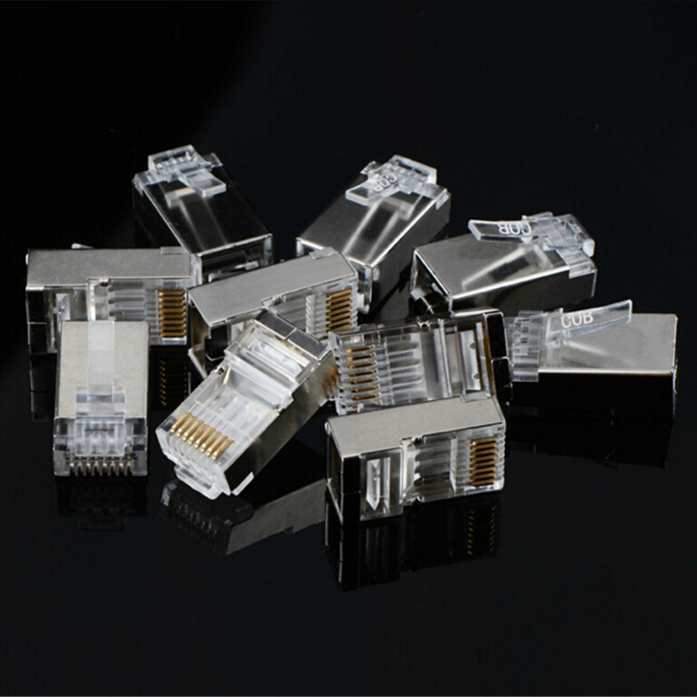 50Pcs RJ45 Cat6 8Pin 8P8C Shielded Stranded Crimp Modular Plug Connector Socket Iron Metal Shell Crystal Head
