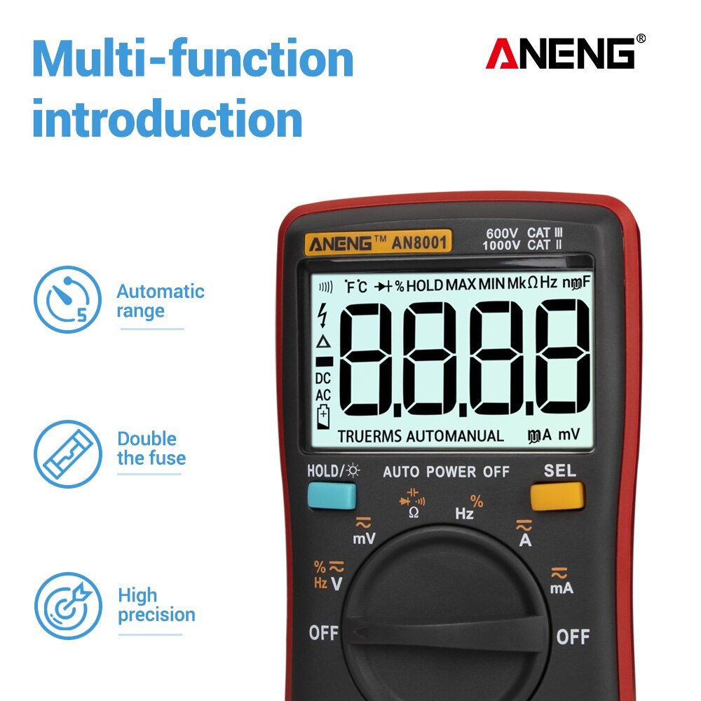 Aneng AN8001 True-Rms Auto Range Digitale Multimeter Ac/Dc Spanning Ampèremeter Current Meter Temperatuur Meting