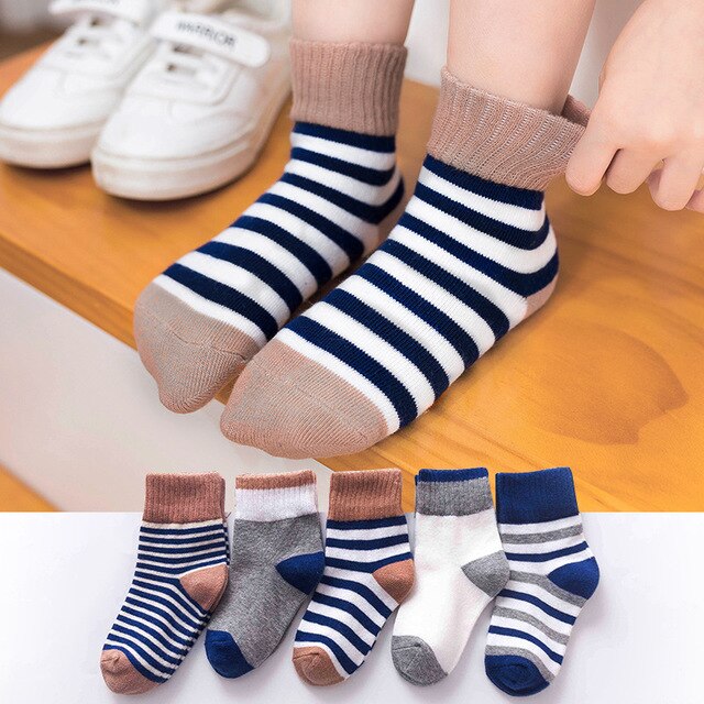 5 Pairs/lot Xxx Boys Girls Stripe Socks Infant Baby Children Teens Sports Short-tube Breathable Cotton Autumn Winter Unisex: blue Navy wind / L
