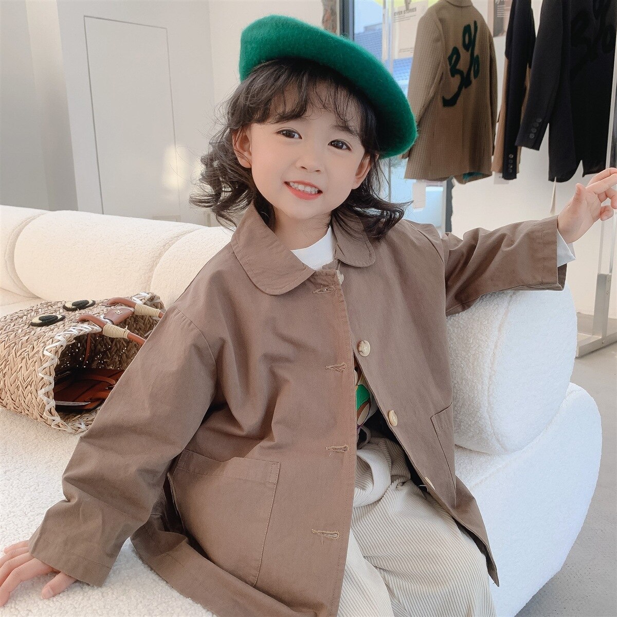 Spring girls solid color retro style trench jackets Kids 2 colors long style coats